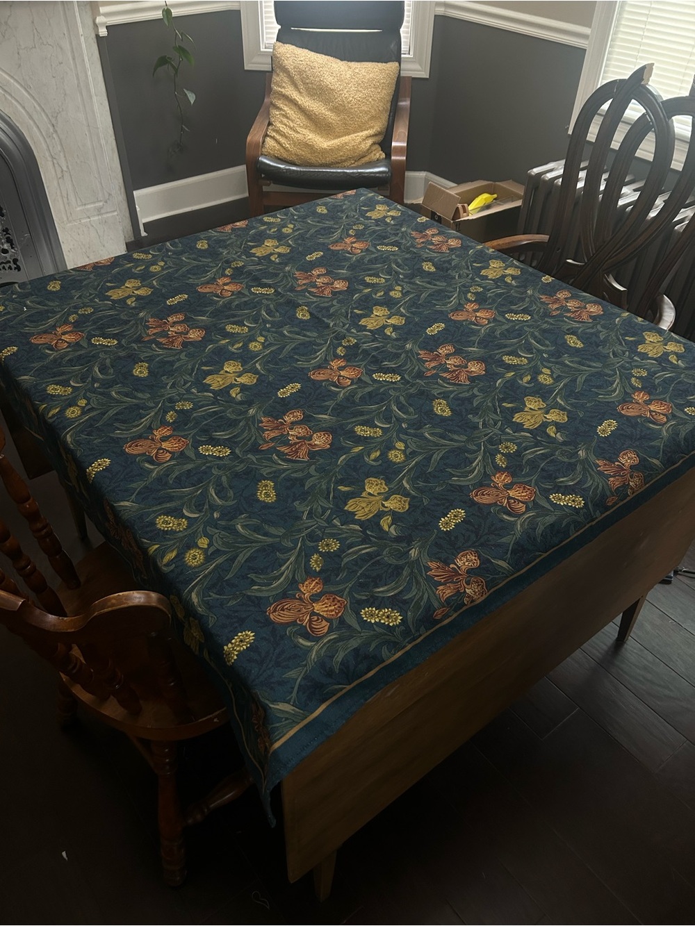 Floral Jacquard Tablecloth in Navy Blue with Gold and Rust Accents